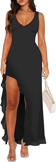 Women's maxi dress with asymmetric hem and ruffle details Lune London
