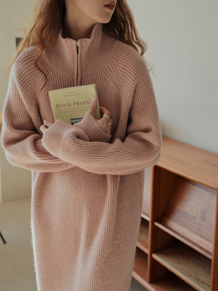 Knit dress for women with high collar and zipper Lune London