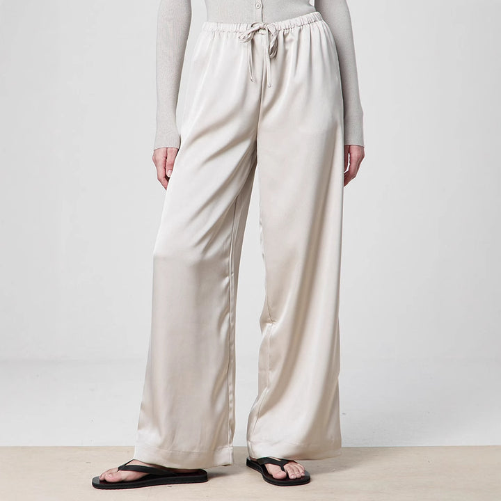 Elegant wide satin pants for women with high waist and tie belt Lune London