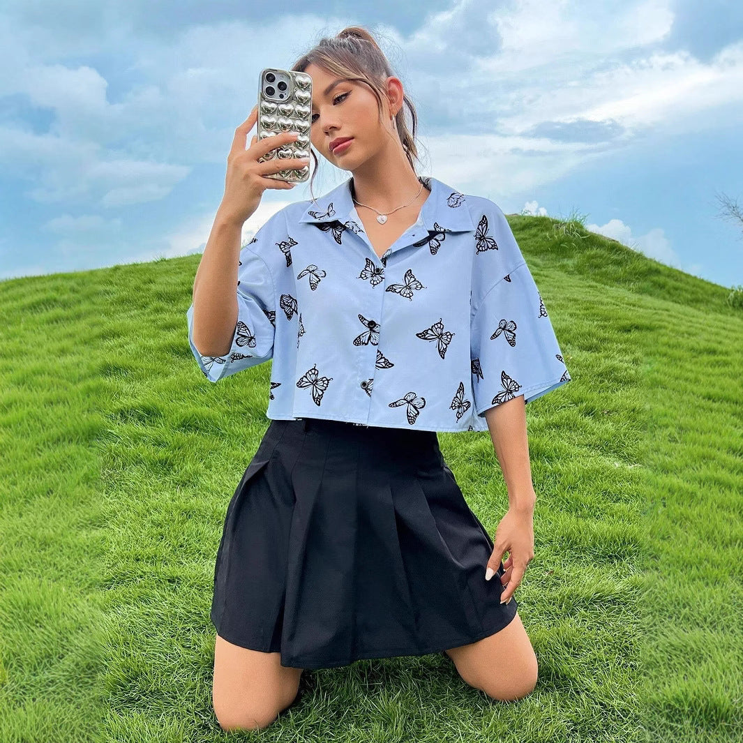 Short sleeve button-up shirt butterfly print Lune London