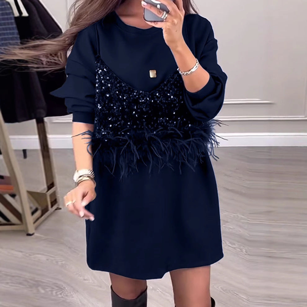 Trendy sweatshirt dress for ladies with sequins and feather detail Lune London