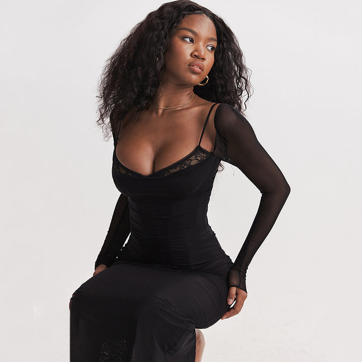Ladies Elegant Maxi Dress with transparent sleeves and ruffled hem accentuated Lune London