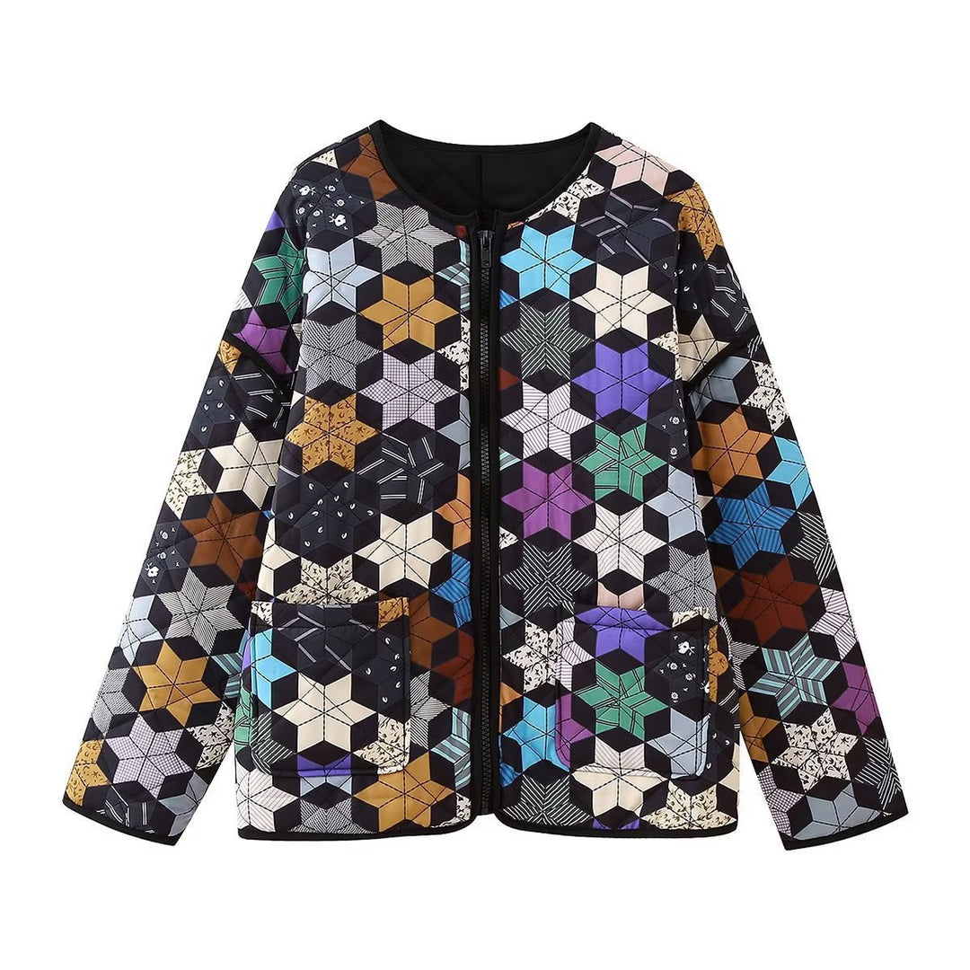 Transitional ladies' jacket with a colorful geometric pattern and practical pockets Lune London