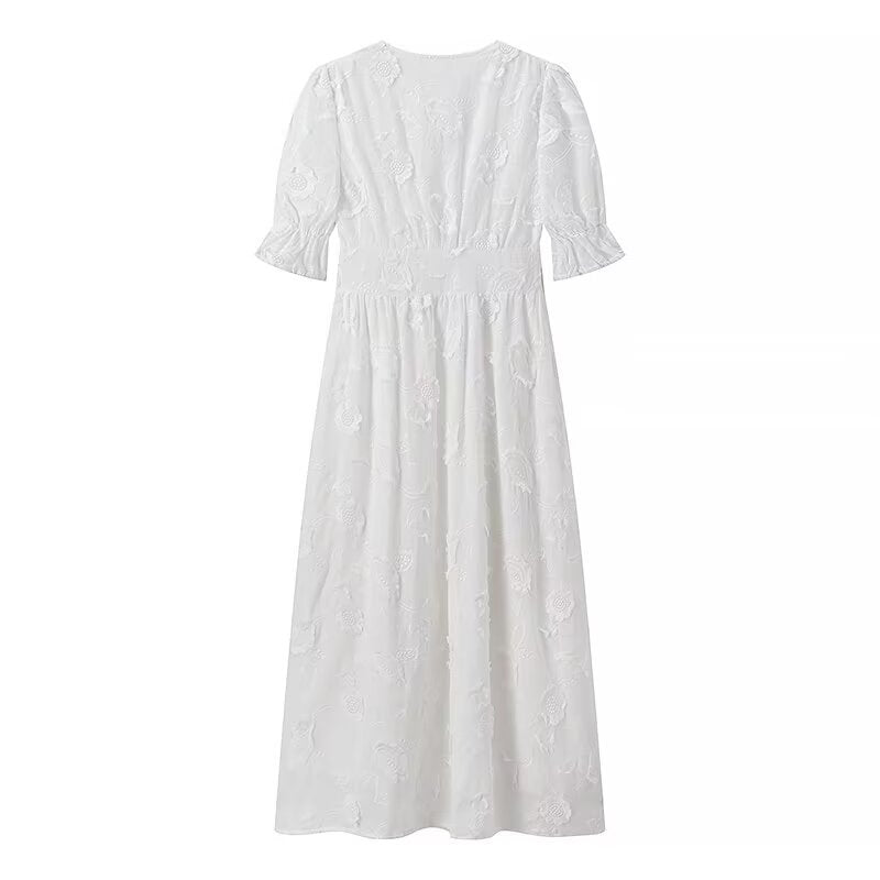 Maxi dress for women with floral embroidery design and elegant puff sleeves Lune London