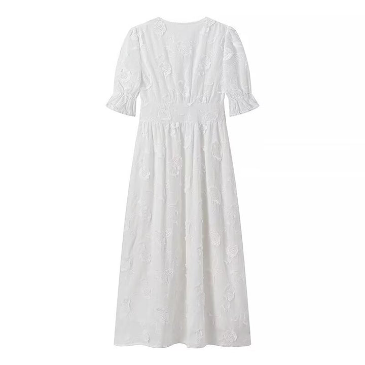 Maxi dress for women with floral embroidery design and elegant puff sleeves Lune London