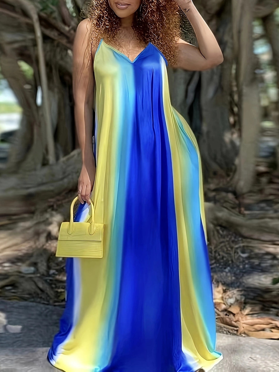Maxi dress for women with fluid color gradient and delicate spaghetti straps Lune London