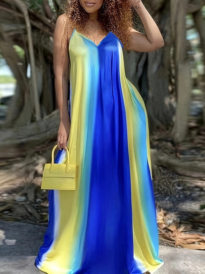 Maxi dress for women with fluid color gradient and delicate spaghetti straps Lune London