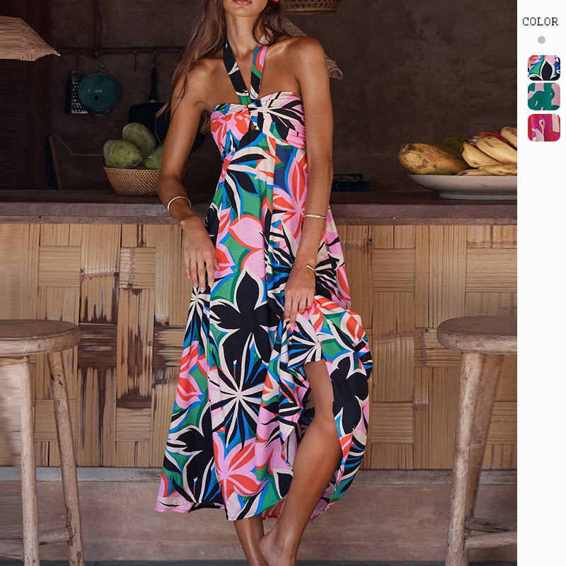 Maxi dress for women with stretch neckline, strapless, and floral print Chic & Stil
