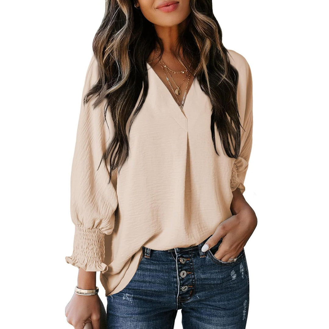 Women's V-Neck Blouse with Casual Balloon Sleeves and Ruffle Details Chic und Stil