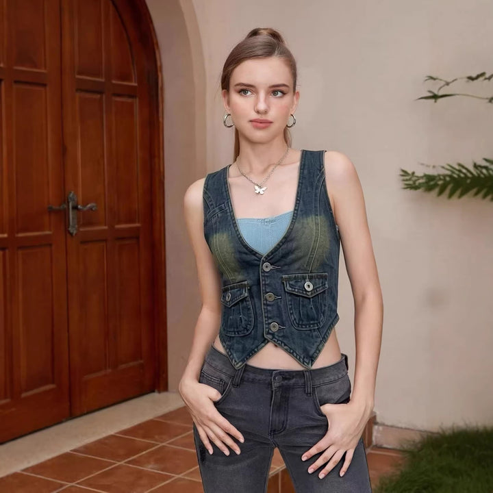Women's sleeveless denim vest with patch pockets and deep V-neck Lune London