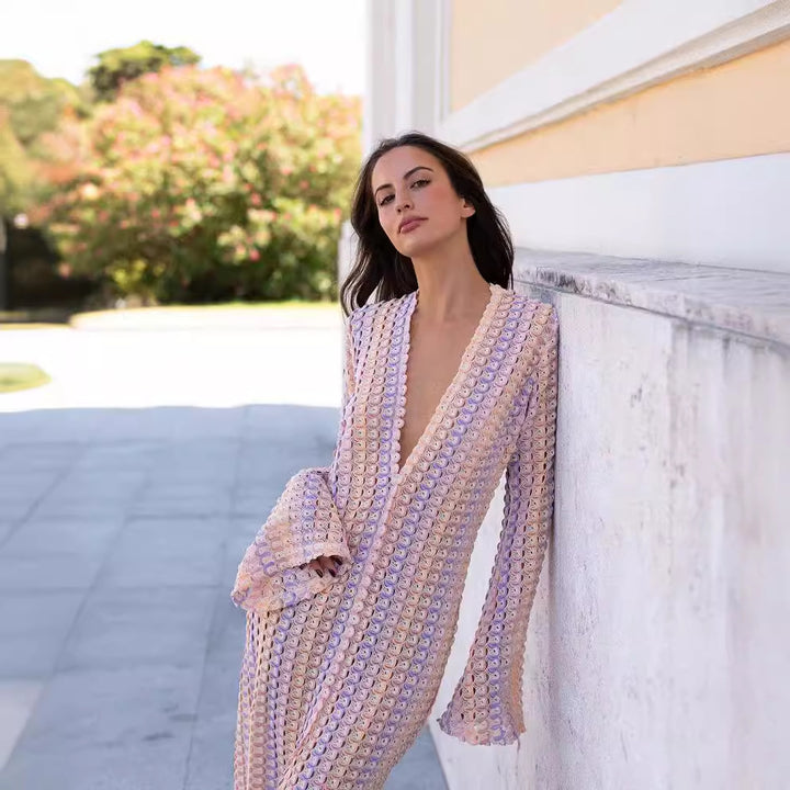 Elegant maxi dress for women with deep V-neck and wide sleeves Lune London