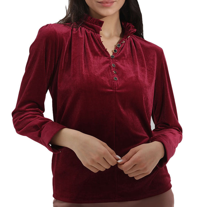 Ladies Elegant velvet top with gathered collar and button details Lune London