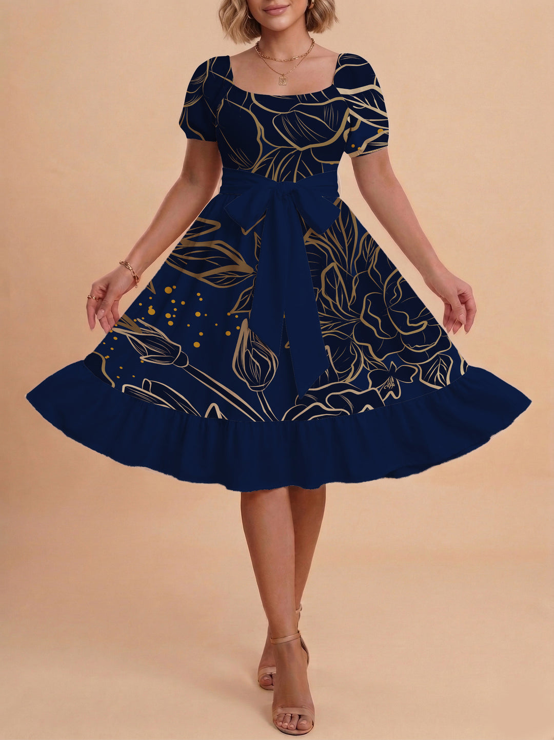 Women A-line dress with floral motifs and adjustable belt Lune London
