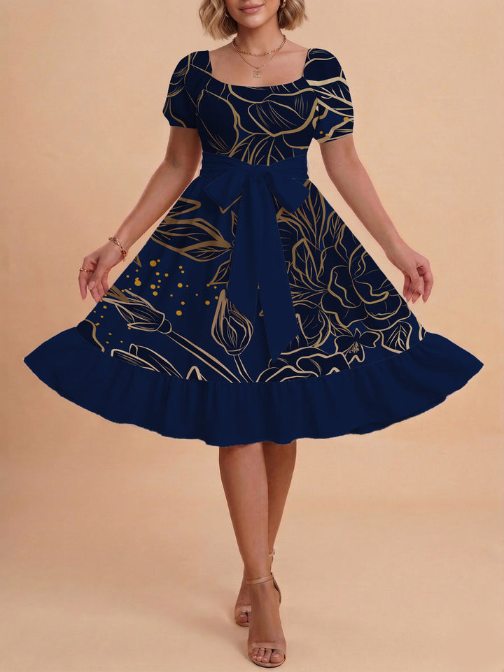 Women A-line dress with floral motifs and adjustable belt Lune London