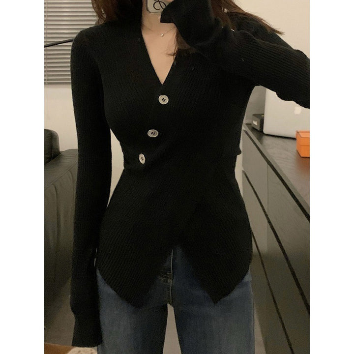 Cardigan en tricot à fines côtes pour femmes avec détails de boutons et col en V élégant Chic & Stil