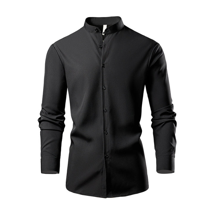 Long sleeve kimono shirt for men with modern stand collar and stylish button details Lune London