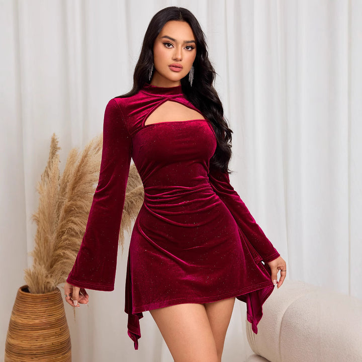 Elegant Velvet Mini Dress for Women with Unique Cut and Chic Long Sleeves