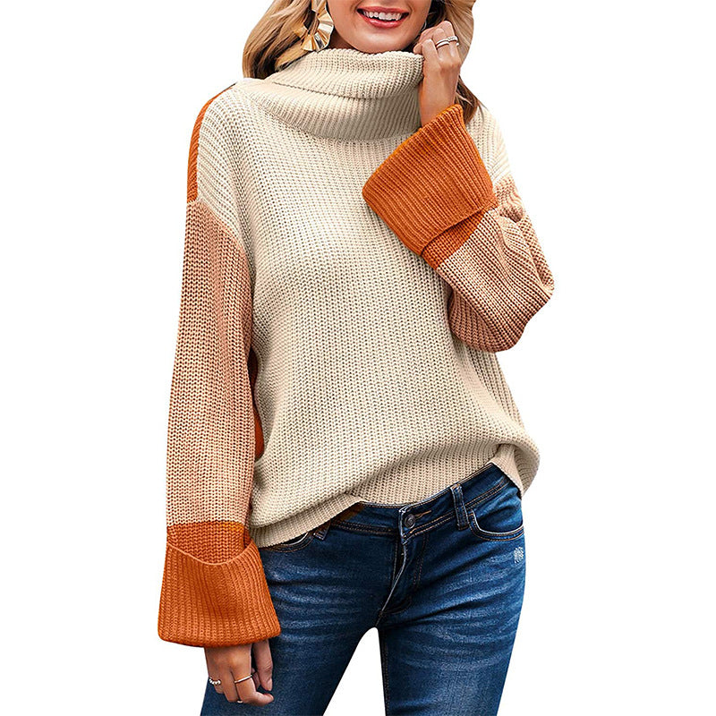 Chunky knit sweater for women with high collar and contrasting sleeves Lune London