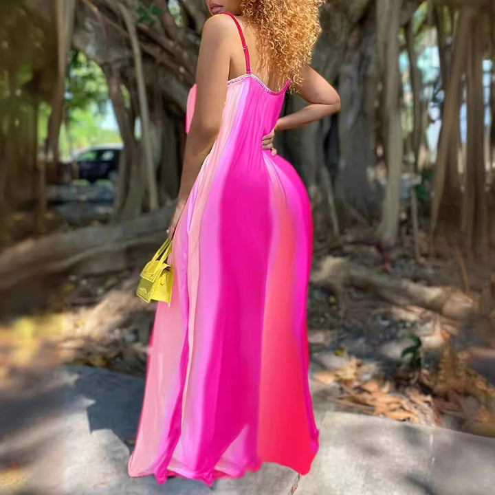 Maxi dress for women with fluid color gradient and delicate spaghetti straps Lune London