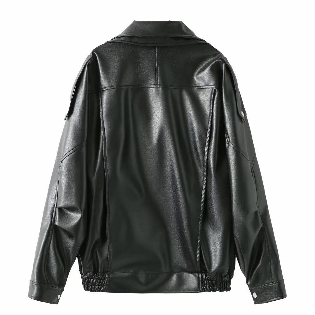 Ladies elegant faux leather jacket with high collar and belt at the waist Lune London