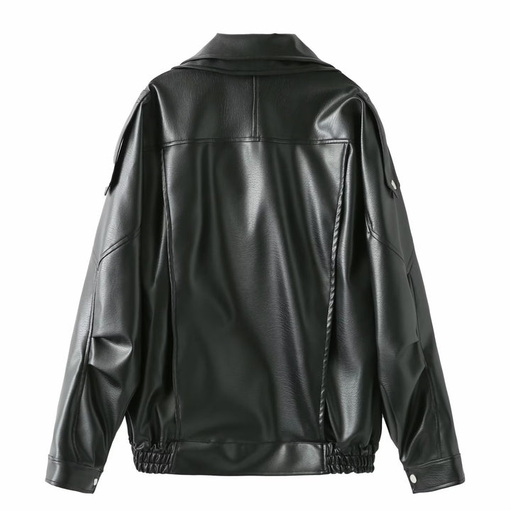 Ladies elegant faux leather jacket with high collar and belt at the waist Lune London