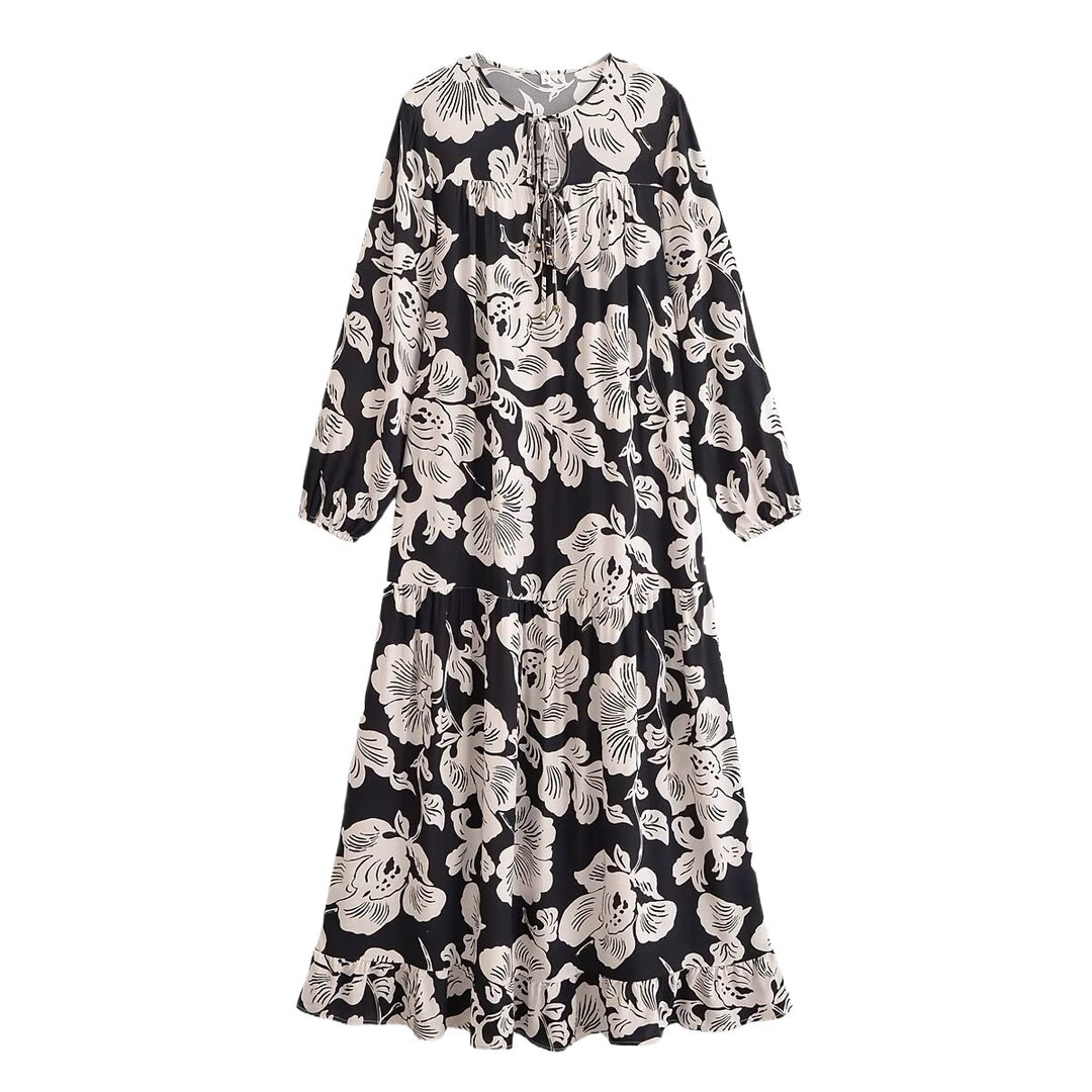Maxi dress for women with floral embroidery and elegant ruffles Lune London