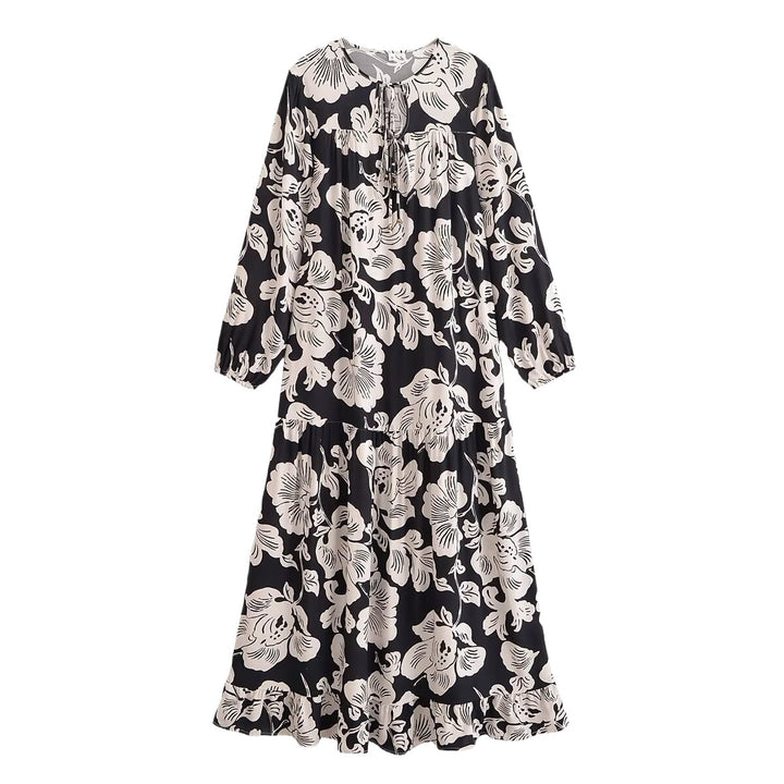 Maxi dress for women with floral embroidery and elegant ruffles Lune London