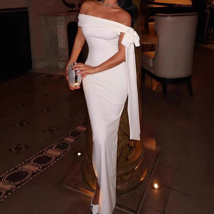 Elegant off-shoulder maxi dress for women with a sculpting fit and a flowing hem Lune London