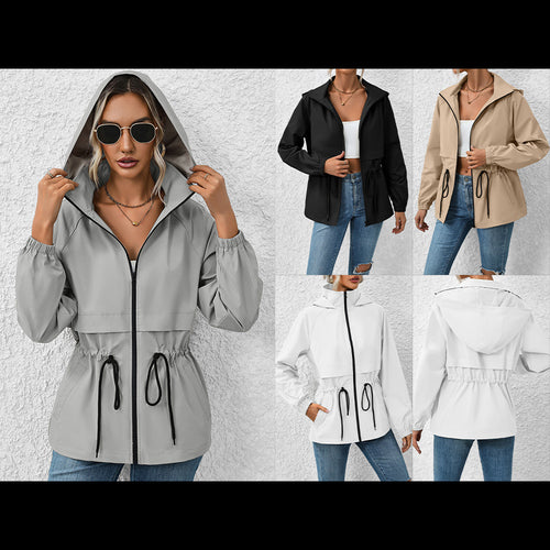 Multifunctional transition jacket for women with adjustable drawstring and elastic sleeve edges Lune London