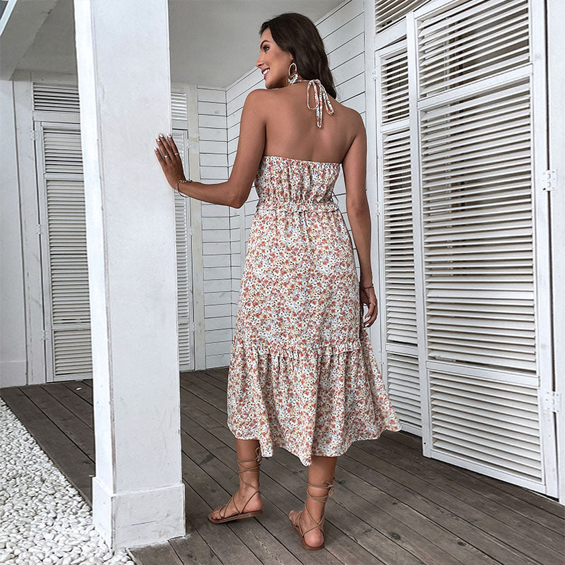 Floral maxi dress for women with elegantly tied neckline Lune London