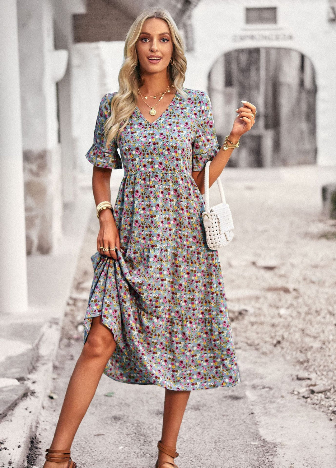 Women's Midi Dress with Floral Pattern and Playful V-Neck Lune London