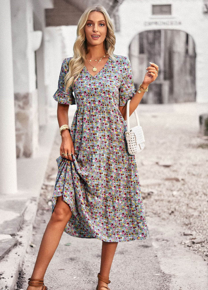 Women's Midi Dress with Floral Pattern and Playful V-Neck Lune London