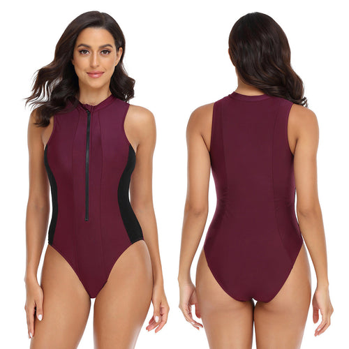 Women's sporty one-piece swimsuit with high collar and long zipper Lune London