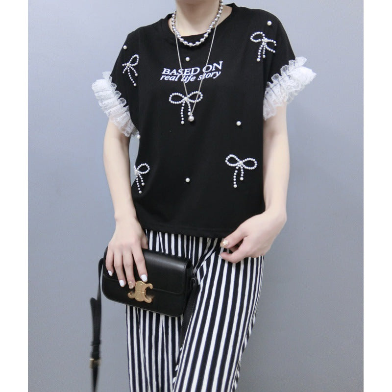 Lune London Women's Leisure Graphic T-shirt with Ruffled Sleeves