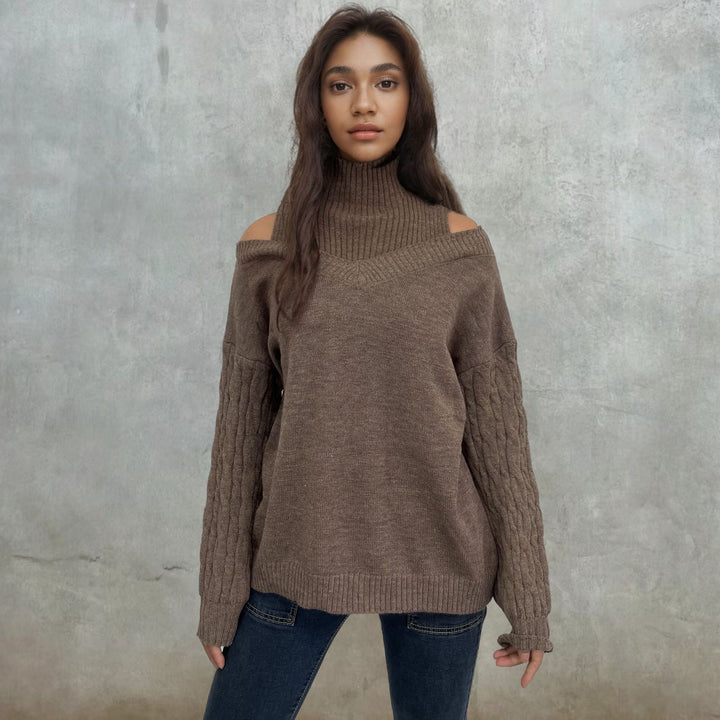 Women off-shoulder knit sweater with cable pattern and high collar Lune London