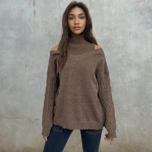 Women off-shoulder knit sweater with cable pattern and high collar Lune London