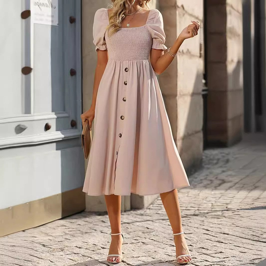 Midi dress with buttons on the front and puff sleeves Lune London