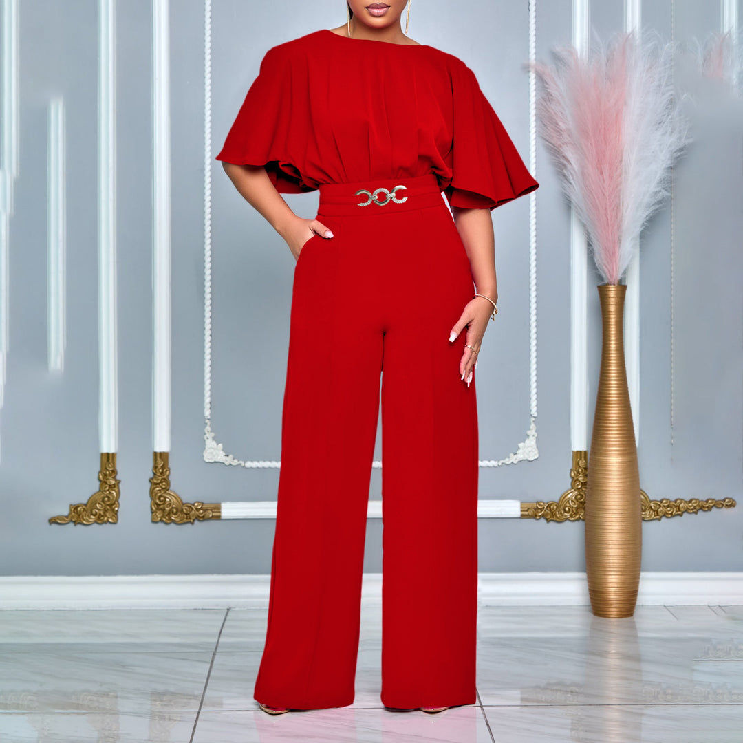 Ladies Elegant Jumpsuit with Flared Leg and Chic Decorative Belt and Style