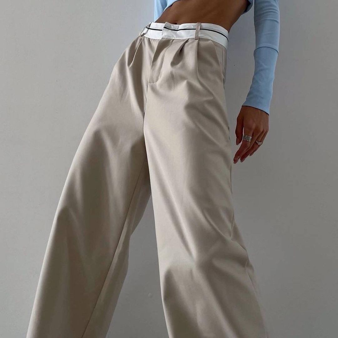 Pantalons larges en tissu pour femmes avec taille élastique et ceinture contrastante Chic & Stil