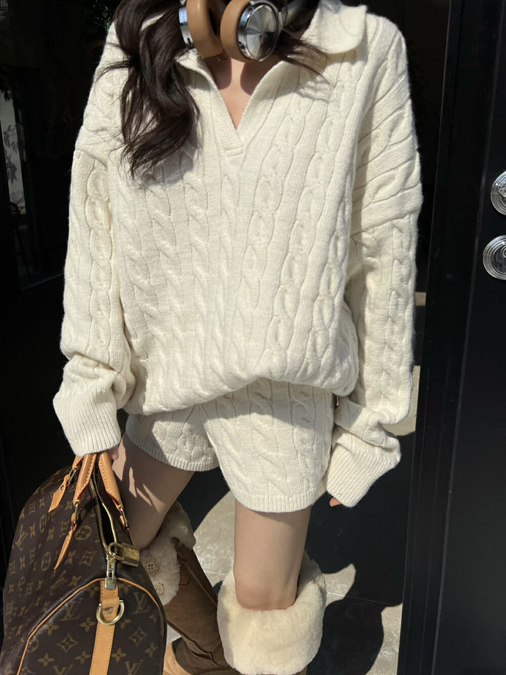Knit sweater for women with trendy cable pattern and deep V-neck Lune London