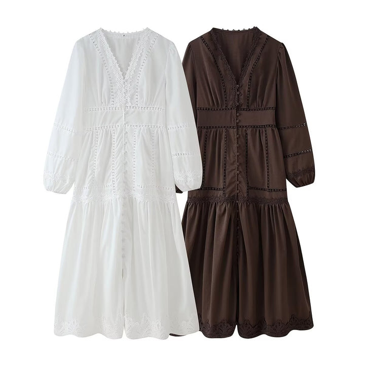 Maxi dress for women with elegant ruffle details and a feminine V-neck Lune London