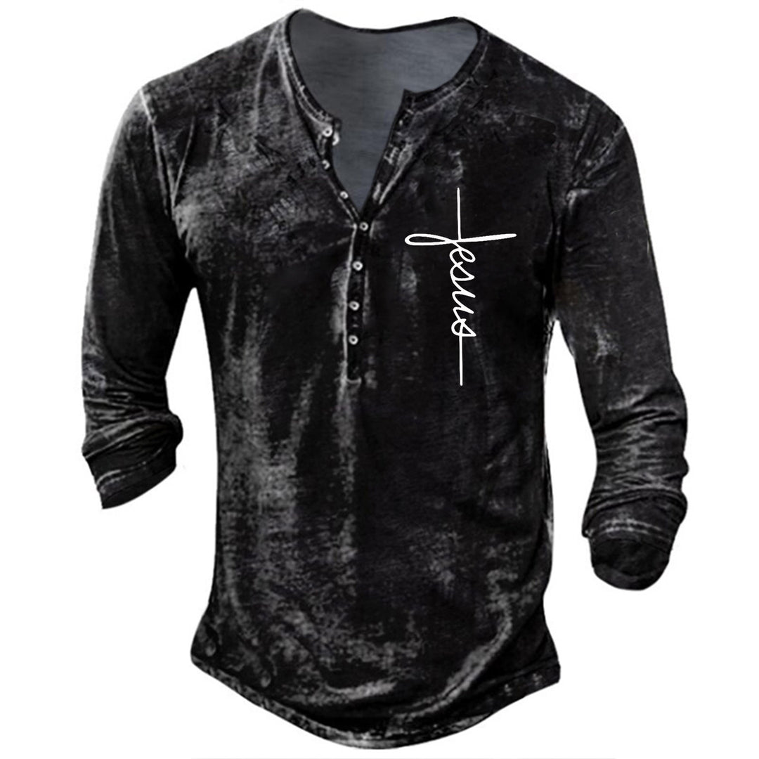 Men's Long Sleeve Henley T-Shirt with Creative Graphic Print Lune London