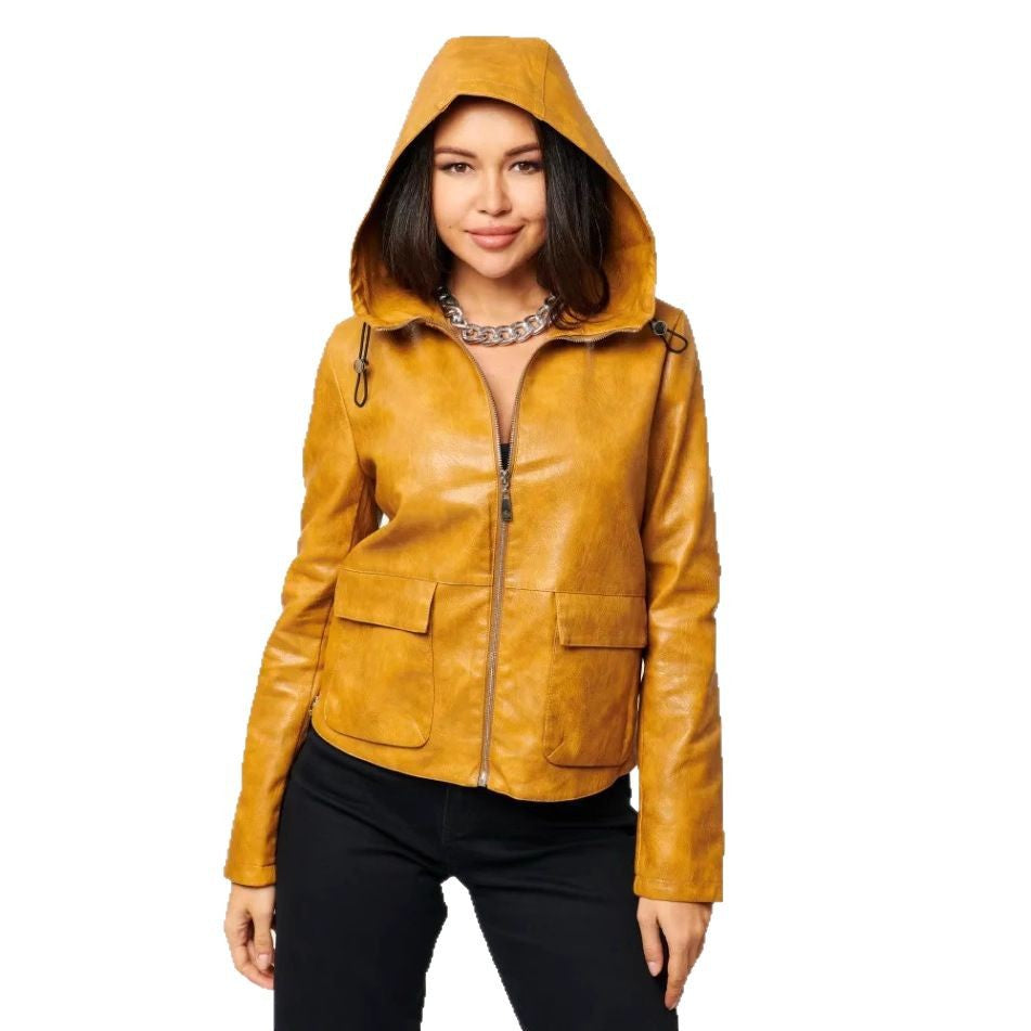Faux leather jacket for women with integrated hood and practical pockets Lune London