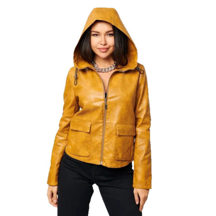 Faux leather jacket for women with integrated hood and practical pockets Lune London