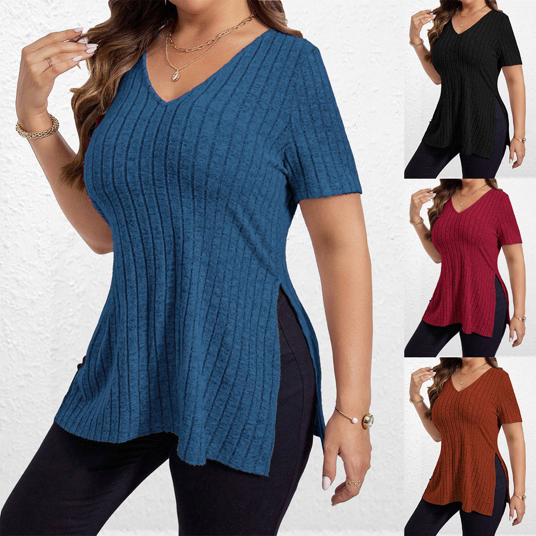 Ladies casual V-neck top with textured rib pattern Chic and Style