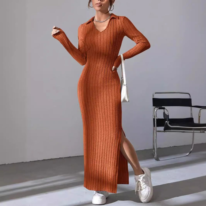 Ribbed long sleeve dress for women with slit and collar Lune London