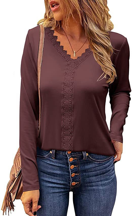 Ladies elegant long sleeve V-neck T-shirt with lace trim Lune London