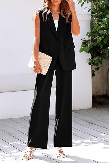 Women's Sleeveless Blazer Set with Wide Cut Pants Lune London