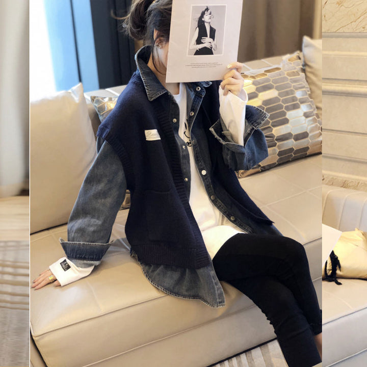Women casual denim jacket with textured knit design Lune London