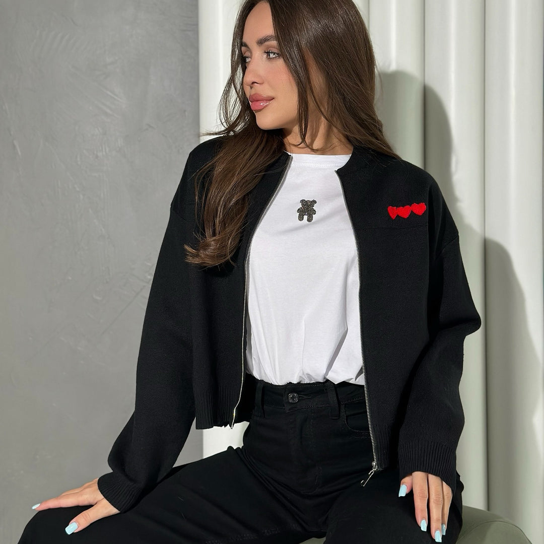 Ladies casual short-sleeve cardigan with heart-shaped appliqués Lune London